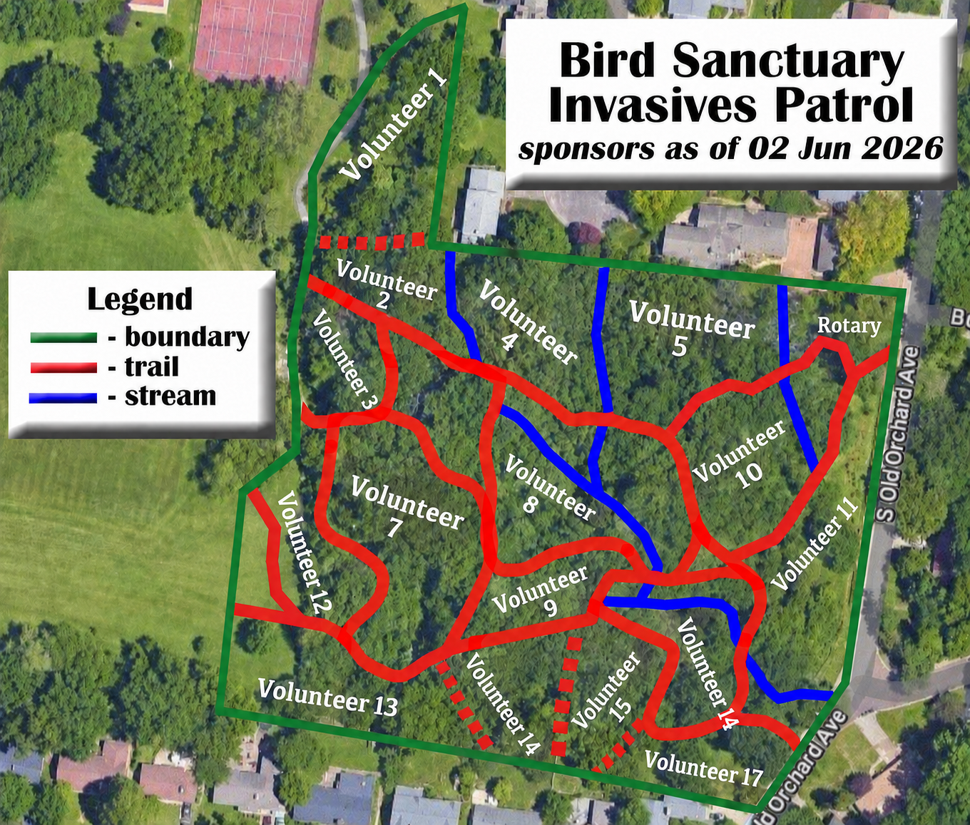 Bird Sanctuary Invasives Patrol map with individual work areas labeled Volunteer 1 through Volunteer 17 and a Rotary area