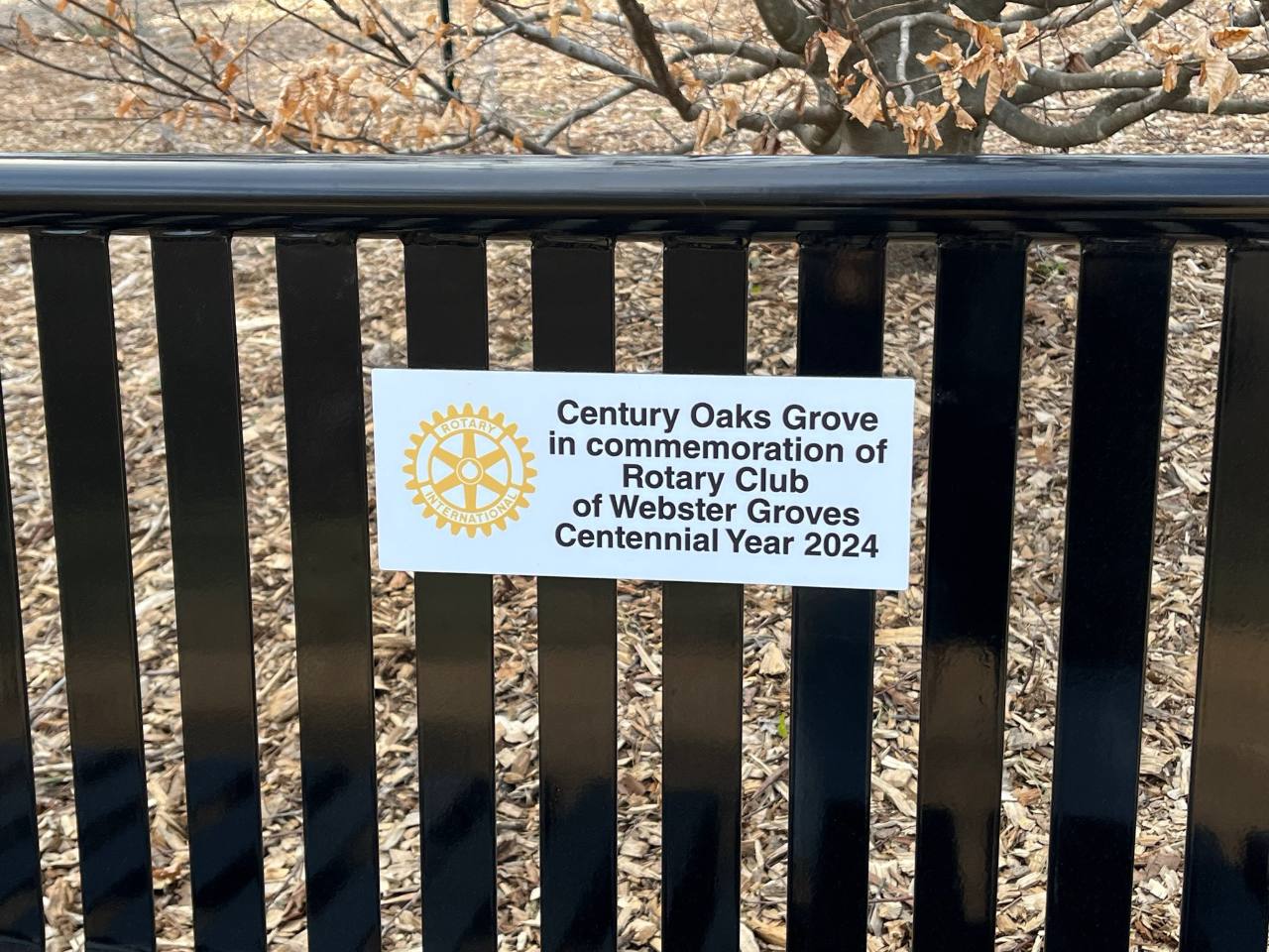 Century Oaks Grove commemorative plaque on a bench