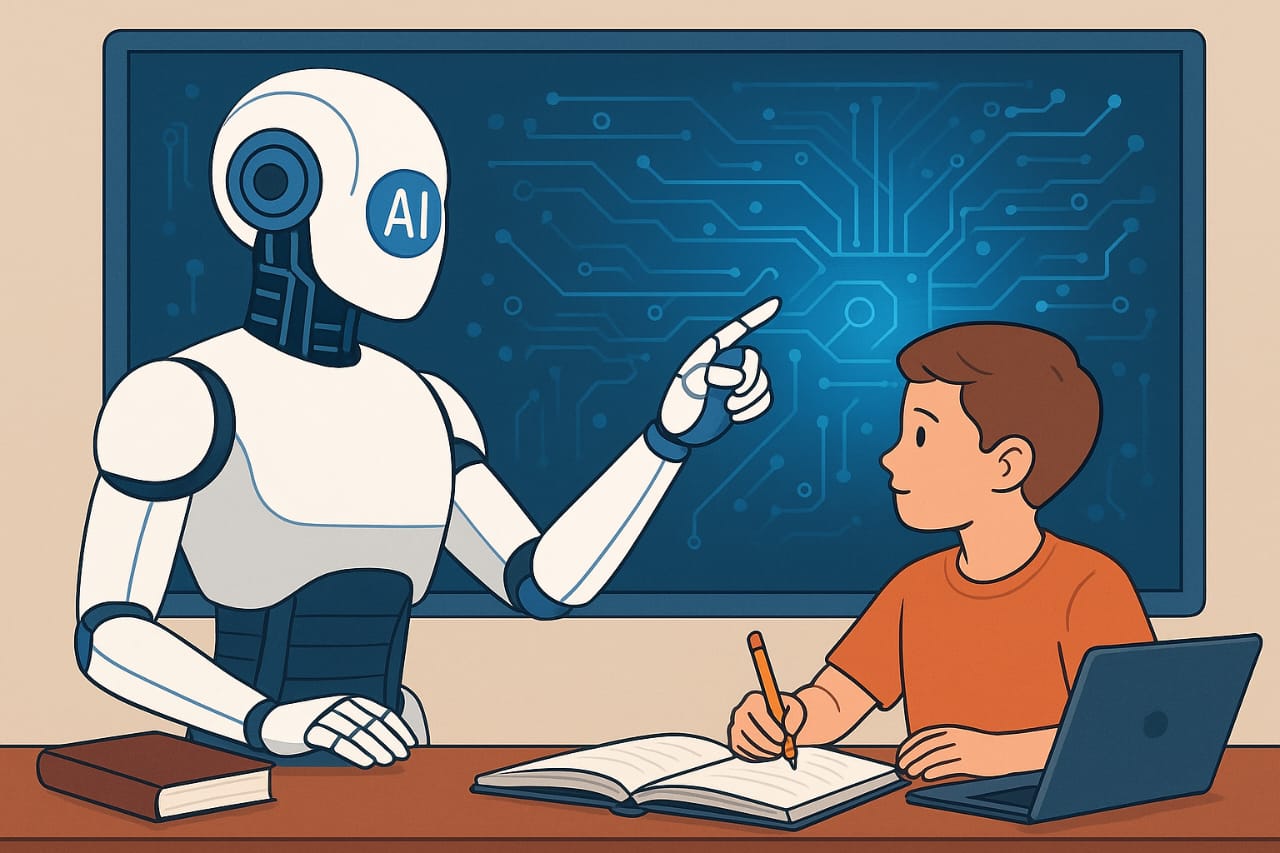 Illustration of artificial intelligence supporting a student in a classroom