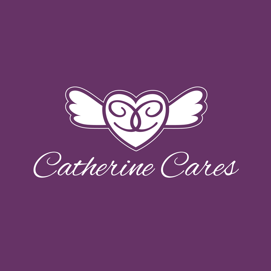 Catherine Cares logo with a white winged heart on a purple background