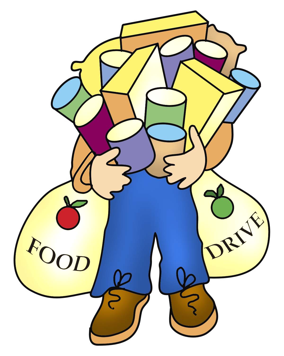 Illustration of a person carrying groceries beside bags labeled Food and Drive